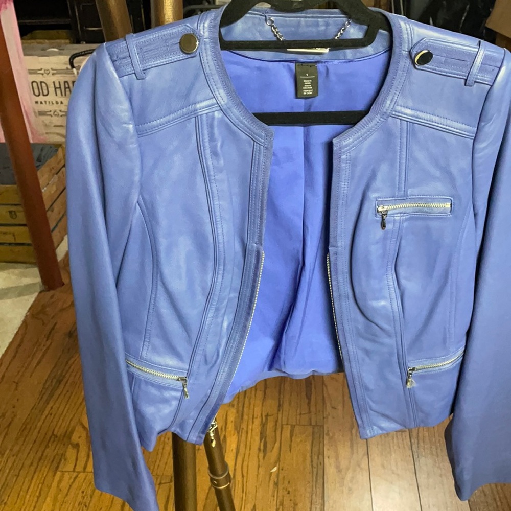 Periwinkle leather jacket from White House Black Market. Small